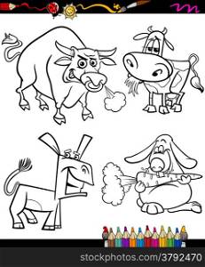 Coloring Book or Page Cartoon Illustration of Black and White Farm Animals Characters for Children
