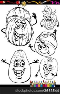 Coloring Book or Page Cartoon Illustration of Black and White Fruits Food Comic Characters Set for Children Education