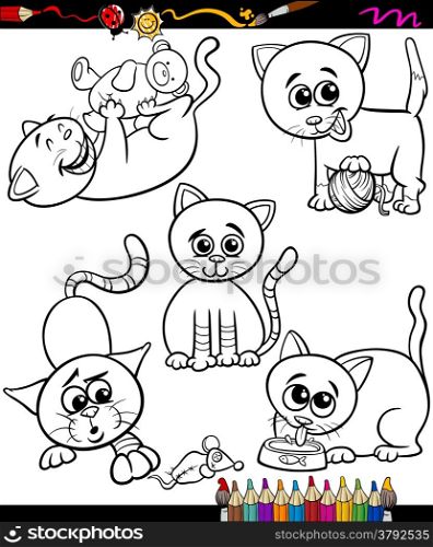 Coloring Book or Page Cartoon Illustration of Black and White Funny Cats Pets Characters for Children