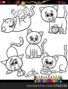 Coloring Book or Page Cartoon Illustration of Black and White Funny Cats Pets Characters for Children