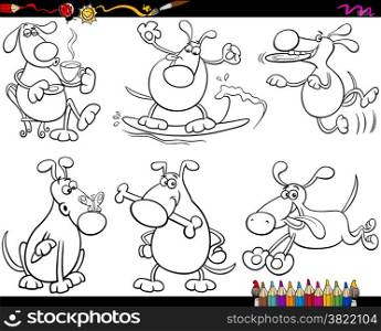 Coloring Book or Page Cartoon Illustration of Black and White Funny Dogs Pet Animal Characters