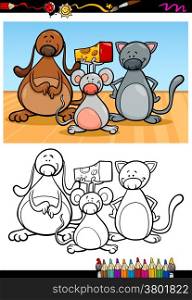 Coloring Book or Page Cartoon Illustration of Black and White Funny Home Pets Characters for Children