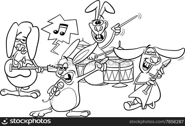 Coloring Book or Page Cartoon Illustration of Black and White Funny Rabbits Band Playing Rock Music Concert
