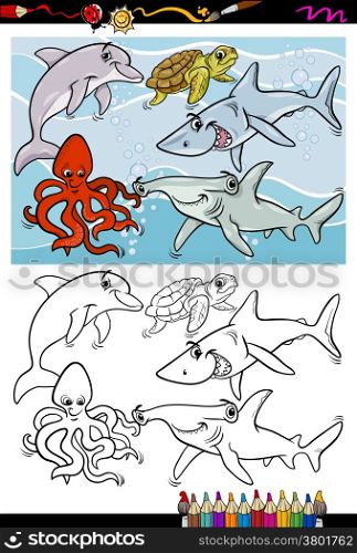 Coloring Book or Page Cartoon Illustration of Black and White Funny Sea Life Animals and Fish Characters for Children