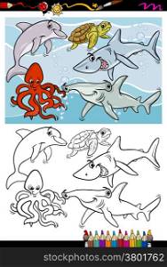 Coloring Book or Page Cartoon Illustration of Black and White Funny Sea Life Animals and Fish Characters for Children