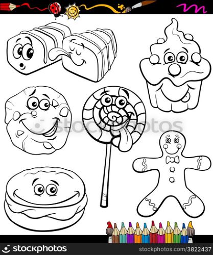 Coloring Book or Page Cartoon Illustration of Black and White Funny Sweets and Cookies Set