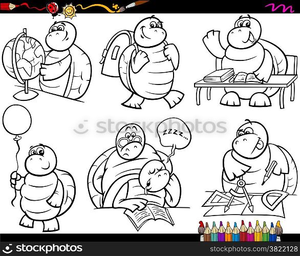 Coloring Book or Page Cartoon Illustration of Black and White Funny Turtle Animal Character at School for Children