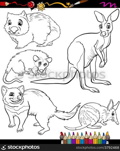Coloring Book or Page Cartoon Illustration of Black and White Marsupials Wild Animals Characters for Children
