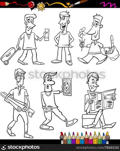 Coloring Book or Page Cartoon Illustration of Black and White Men Characters for Children