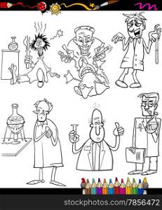 Coloring Book or Page Cartoon Illustration of Black and White Scientists Characters for Children