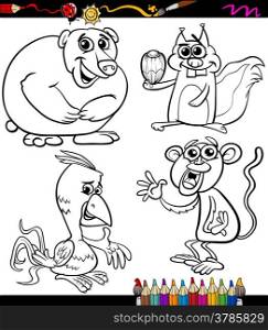 Coloring Book or Page Cartoon Illustration of Black and White Wild Animals Characters for Children