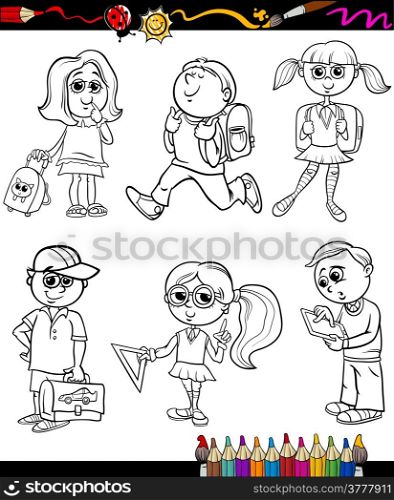 Coloring Book or Page Cartoon Illustration of Color and Black and White Primary School Students or Pupils Boys and Girls Characters Set for Children
