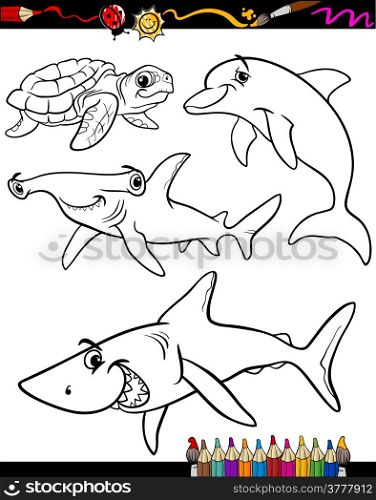 Coloring Book or Page Cartoon Illustration of Color and Black and White Sea Life Animals Set for Children