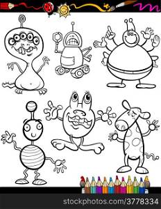 Coloring Book or Page Cartoon Illustration of Color and Black and White Fantasy or Fairy Tale Characters for Children