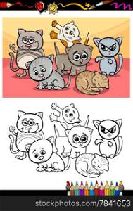 Coloring Book or Page Cartoon Illustration of Color and Black and White Kittens or Cats Group for Children