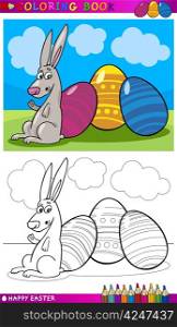 Coloring Book or Page Cartoon Illustration of Easter Bunny with Painted Eggs