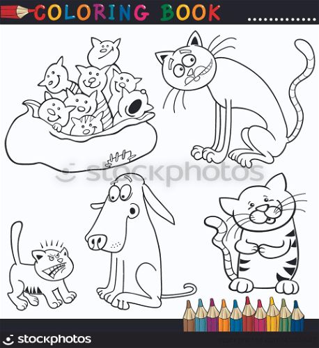 Coloring Book or Page Cartoon Illustration of Funny Cats for Children