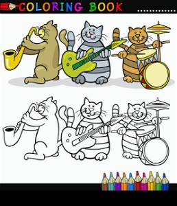 Coloring Book or Page Cartoon Illustration of Funny Cats Music Band for Children