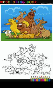 Coloring Book or Page Cartoon Illustration of Funny Dogs Group against Blue Sky for Children