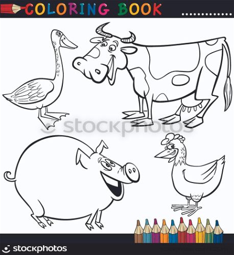 Coloring Book or Page Cartoon Illustration of Funny Farm and Livestock Animals for Children