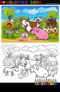 Coloring Book or Page Cartoon Illustration of Funny Farm and Livestock Animals for Children Education