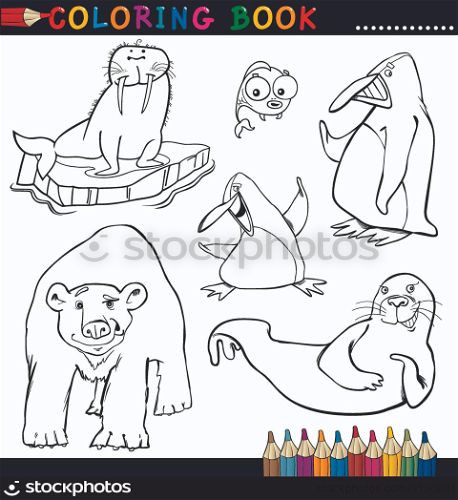 Coloring Book or Page Cartoon Illustration of Funny Marine and Polar Animals for Children