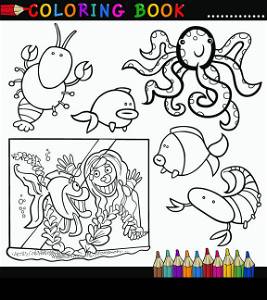 Coloring Book or Page Cartoon Illustration of Funny Marine Animals and Sea Life for Children
