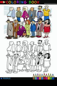 Coloring Book or Page Cartoon Illustration of People Group Staying in Queue