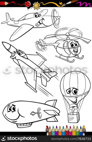 Coloring Book or Page Cartoon Illustration Set of Black and White Aircraft or Air Vehicles Characters for Children