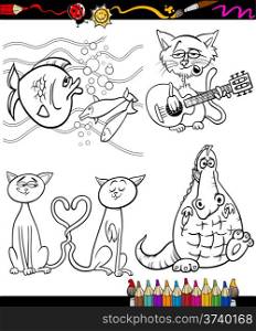 Coloring Book or Page Cartoon Illustration Set of Black and White Animals and Pets or Fantasy Characters for Children