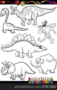 Coloring Book or Page Cartoon Illustration Set of Black and White Dinosaurs and Prehistoric Animals Characters for Children