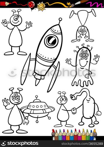 Coloring Book or Page Cartoon Illustration Set of Black and White Fantasy Aliens or Martians Ufo Comic Mascot Characters for Children