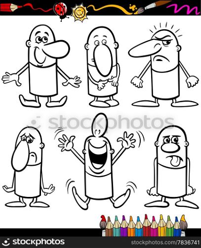 Coloring Book or Page Cartoon Illustration Set of Black and White Funny People Emotions or Expressions for Children