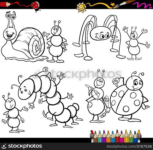 Coloring Book or Page Cartoon Illustration Set of Black and White Insects and Bugs or Fantasy Characters for Children