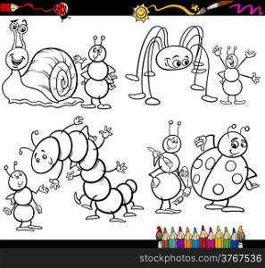 Coloring Book or Page Cartoon Illustration Set of Black and White Insects and Bugs or Fantasy Characters for Children