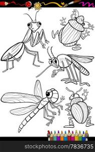 Coloring Book or Page Cartoon Illustration Set of Black and White Insects and Bugs for Children