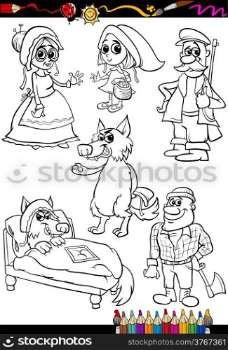 Coloring Book or Page Cartoon Illustration Set of Black and White Little Red Riding Hood Fairy Tale Characters for Children