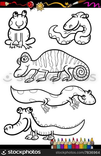 Coloring Book or Page Cartoon Illustration Set of Black and White Reptiles and Amphibian Animals Characters for Children