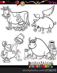 Coloring Book or Page Cartoon Illustration Set of Black and White Sayings or Proverbs for Children