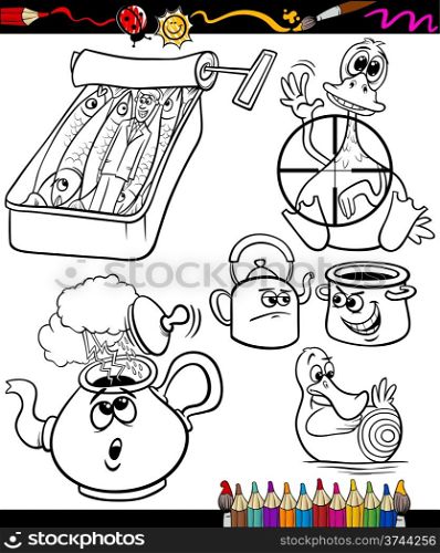 Coloring Book or Page Cartoon Illustration Set of Black and White Sayings or Proverbs for Children