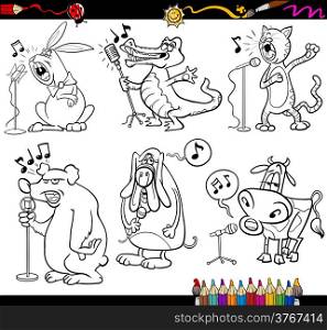Coloring Book or Page Cartoon Illustration Set of Black and White Singing Animals and Pets Characters for Children