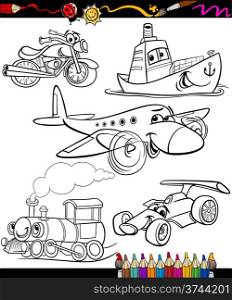 Coloring Book or Page Cartoon Illustration Set of Black and White Transportation or Vehicles Characters for Children