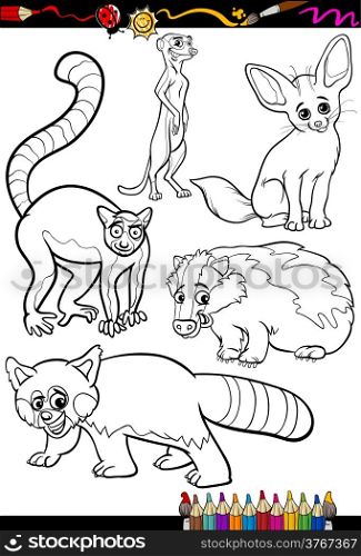 Coloring Book or Page Cartoon Illustration Set of Black and White Wild Animals Characters for Children