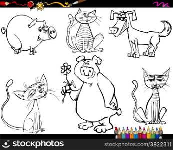 Coloring Book or Page Cartoon Sketch Illustration of Funny Animals Characters Set