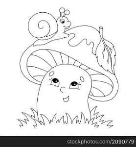 Coloring book page for kids. Cartoon style character. Mushroom and snail. Vector illustration isolated on white background.