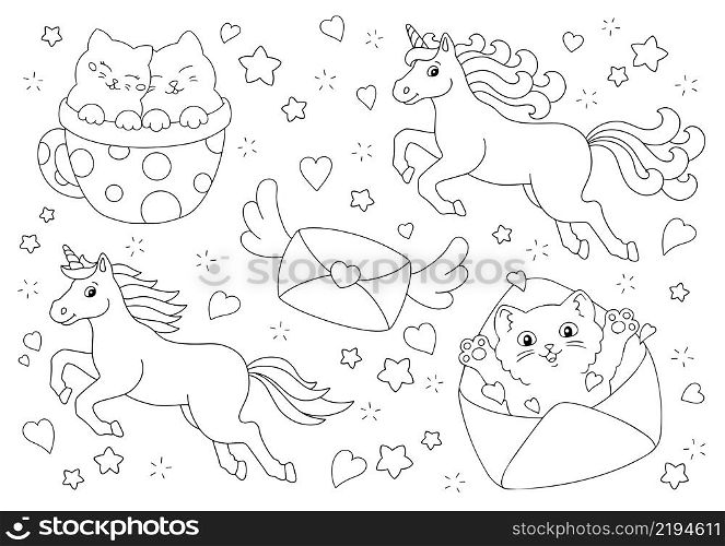 Coloring book page for kids. Cartoon style character. Vector illustration isolated on white background.. Lovely unicorns, cute cats, a flying envelope. Coloring book page for kids. Valentine&rsquo;s Day. Cartoon style character. Vector illustration isolated on white background.