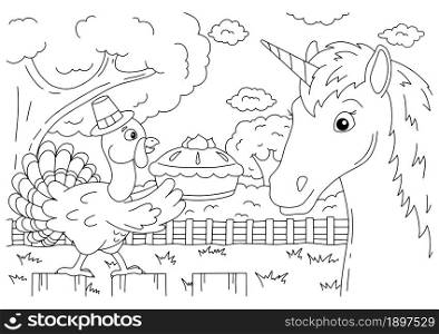 Coloring book page for kids. Cartoon style. Vector illustration isolated on white background.. A farm turkey carries a pumpkin pie. Cute unicorn. Magic fairy horse. Coloring book page for kids. Thanksgiving Day. Cartoon style. Vector illustration isolated on white background.