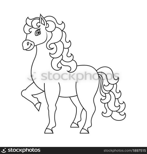 Coloring book page for kids. Cartoon style. Vector illustration isolated on white background.. Cute horse. Farm animal. Coloring book page for kids. Cartoon style. Vector illustration isolated on white background.