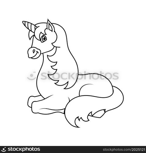 Coloring book page for kids. Cartoon style. Vector illustration isolated on white background.. Cute unicorn. Magic fairy horse. Coloring book page for kids. Cartoon style. Vector illustration isolated on white background.