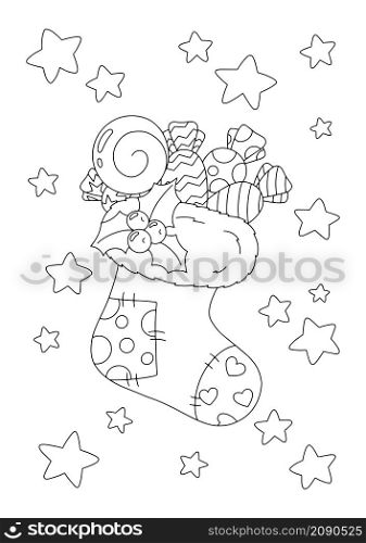Coloring book page for kids. Christmas sock with gifts. Cartoon style character. Vector illustration isolated on white background.